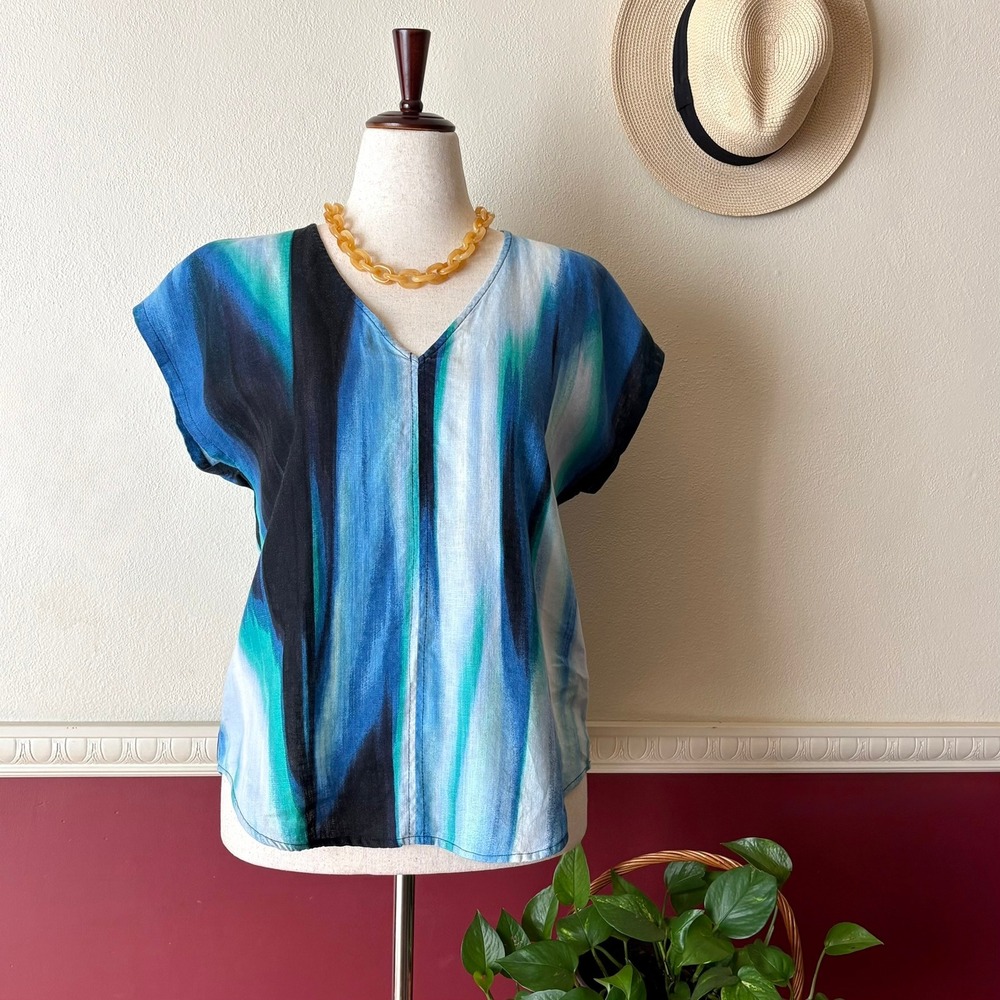 DKNY Pure 100% Linen V-Neck Top M Blue Abstract Brushstroke Short Dolman Sleeve